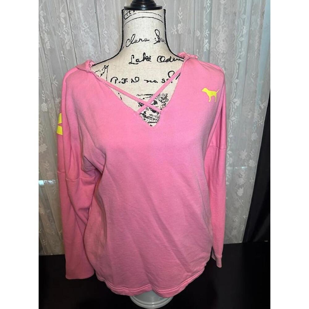 Victoria's Secret PINK Hoodie Sweatshirt – Pink & Yellow Logo – Size Small